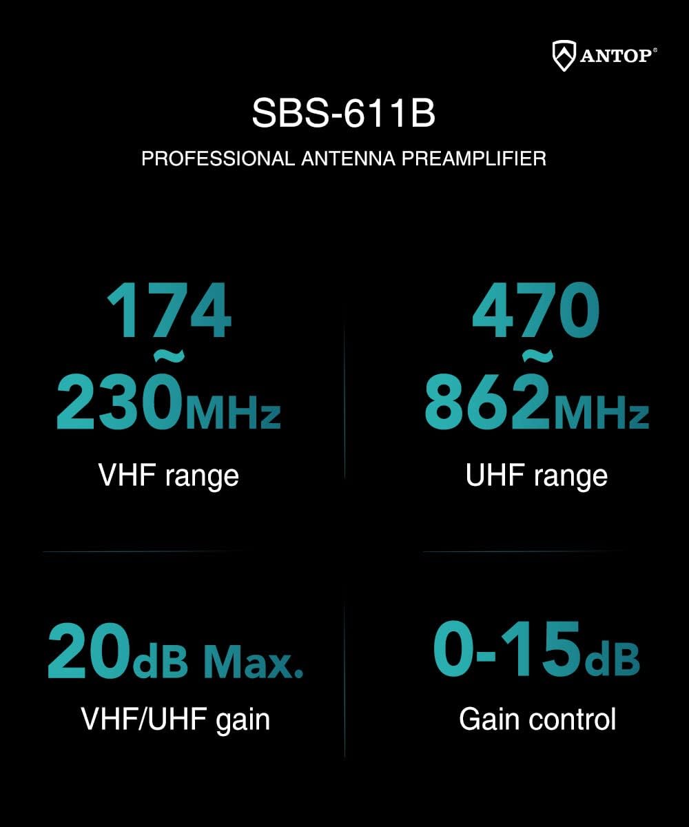 MISSMOON SBS-611B ANTOP Amplifier for TV Antenna, Digital Antenna Booster Signal Preamplifier, VHF/UFH Adjustable