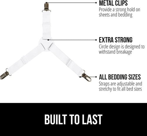 GORILLA GRIP Bed Sheet Holders - Adjustable Elastic Fasteners with Metal Clips | 4 Pack White