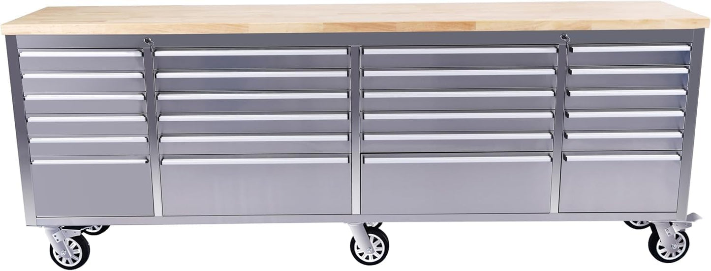 IDEALHOUSE 96 inch Rolling Tool Chest, Garage Workbench with 24 Drawers, Solid Rubber Wood Top & with Wheels Lock Key Locking, Mobile Workstation Tool Cabinet for Workshop Storage