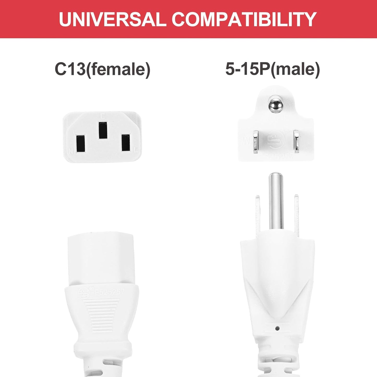 MECCANIXITY 1.5ft 18 18/3 C13 5-15P 10A 125V 3-Prong AWG White Universal Power Cord to NEMA Extension Power Cord