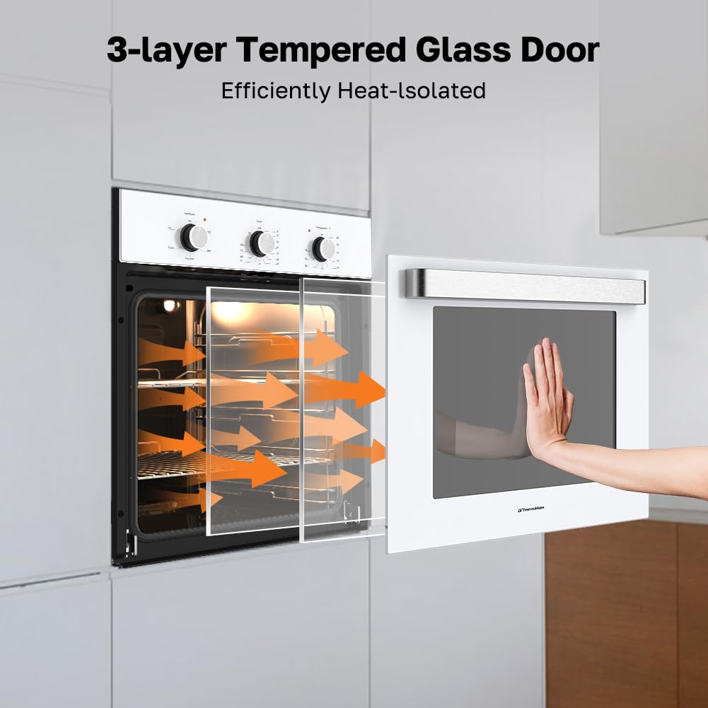 24" Single Wall Oven, ThermoMate 2.8 Cu.ft. Electric Wall Oven with 5 Cooking Functions, White Built-in Ovens with Mechanical Knobs Control, ETL Certified
