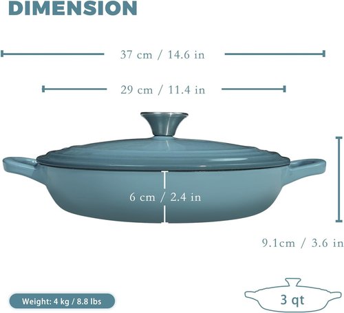 Flavehc Enameled Cast Iron Braiser - 3 Qt Slate Blue Casserole Pan with Lid & Handles