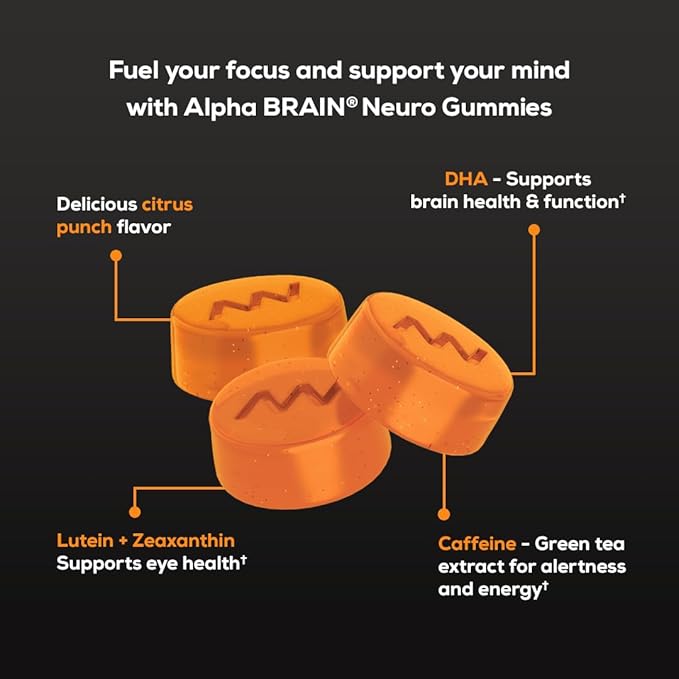 ONNIT Alpha Brain Neuro Focus Gummies - Vegan Gummies with Omega-3s, Lutein, Zeaxanthin & Caffeine - Brain, Eye & Focus Supplement for Men & Women?? Citrus Punch Flavor, 90 Count