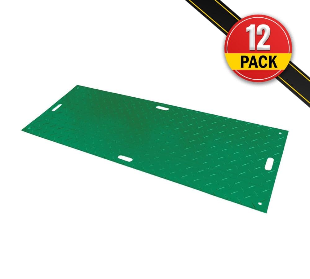 Mytee Products 12 Pk 4' x 8' - 1/2" Thick Heavy Duty Green Ground Protection Mats with Diamond Plated Tread - Easily Supports 120 Ton Loads - HDPE Construction Mat for Equipment Lawns Landscapers