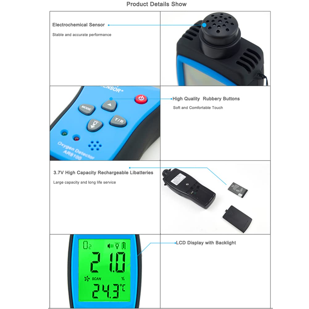 AR8100 Rechargeable LCD O2 Gas Meter with Thermometer - Portable Digital Oxygen Monitor for Home & Industrial Use, Accurate Measurement Device for Gas Detection