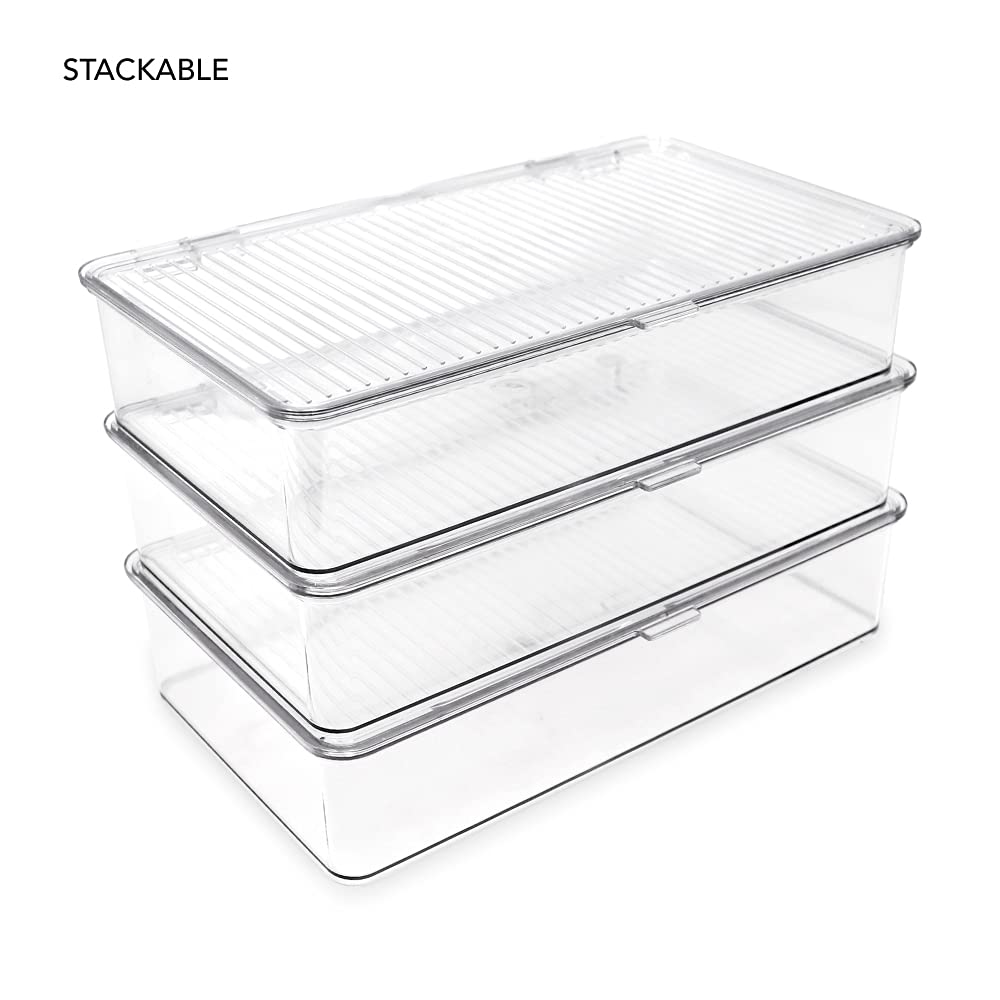 Isaac Jacobs Small Stackable Organizer Bin (10.75” x 6.5” x 2.4”) w Hinged Lid Clear Storage Box Home Office School Fridge Bathroom Kitchen Pantry Container BPAFree Food Safe (Small Clear)