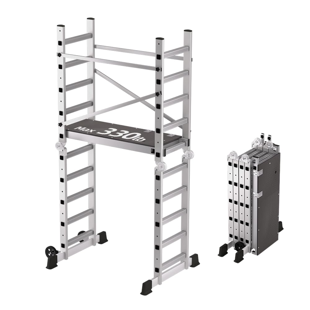 APARECIUM 10' Foldable Aluminum Scaffolding Ladder, Multipurpose Rolling Work Platform, Scaffold Tower, Ladder Stool Bench, Adjustable Platform, 330 Lbs Duty Rate