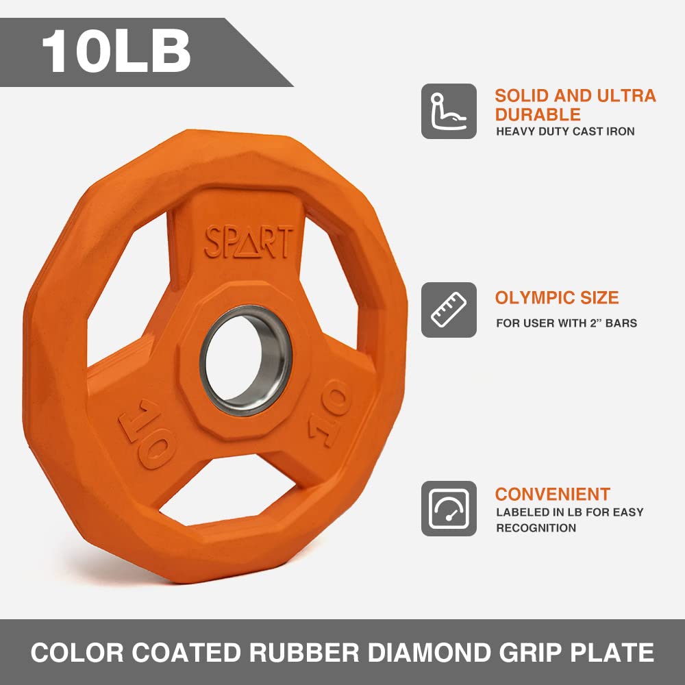 SPART Color Coded Weight Plate 2-Inch Rubber Coated Olympic Grip Plate for Barbell,Solid Cast Iron Weight Plates for Strength Training,Weightlifting,Crossfit,Home Gym, 5LB, Pair
