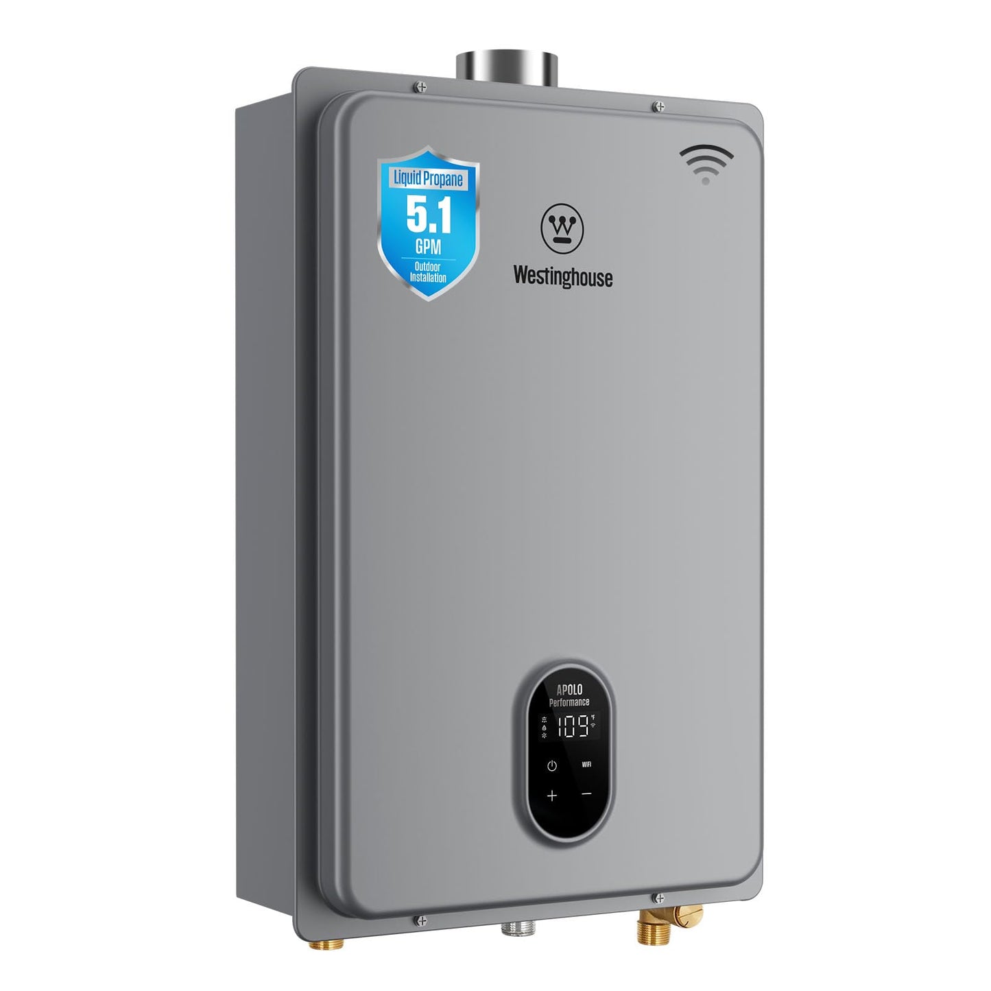 Westinghouse Smart Tankless Water Heater Propane Indoor, 5.1 GPM 120,000 BTU Whole Home Instant Hot Water Heater, WiFi App Control, ±1°F Temperature Stability, Non-Condensing for 2-4 Fixtures