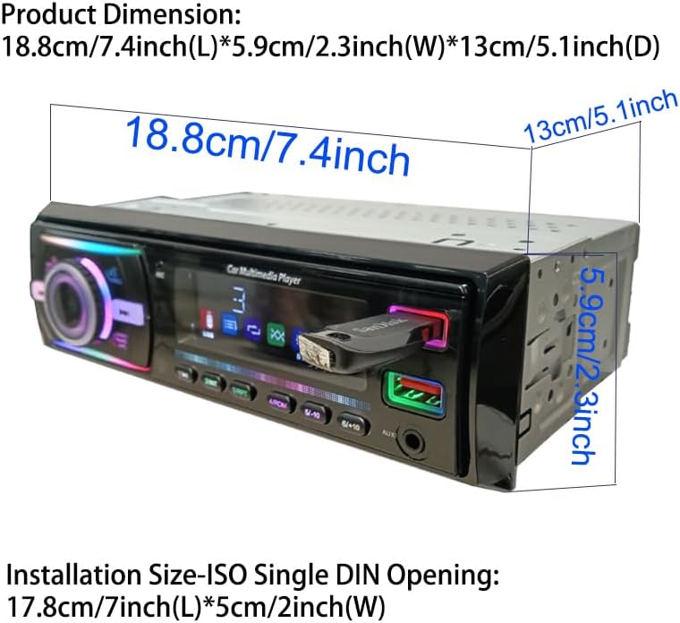 Generic 3050 12V MP3 7-Color Car Stereo Audio Player with Bluetooth Handsfree Calls, Music Play, FM Radio, Dual USB/AUX