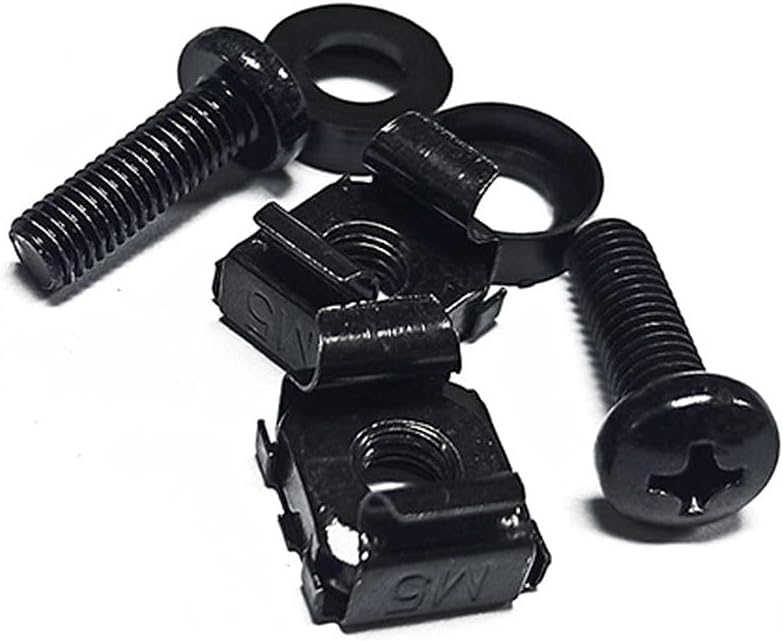 Monoprice M6 16mm (50 Sets) 12/24 x Server Rack Mount Cage Nuts, Screws and Washers Zinc Plated, Black, for Cabinet