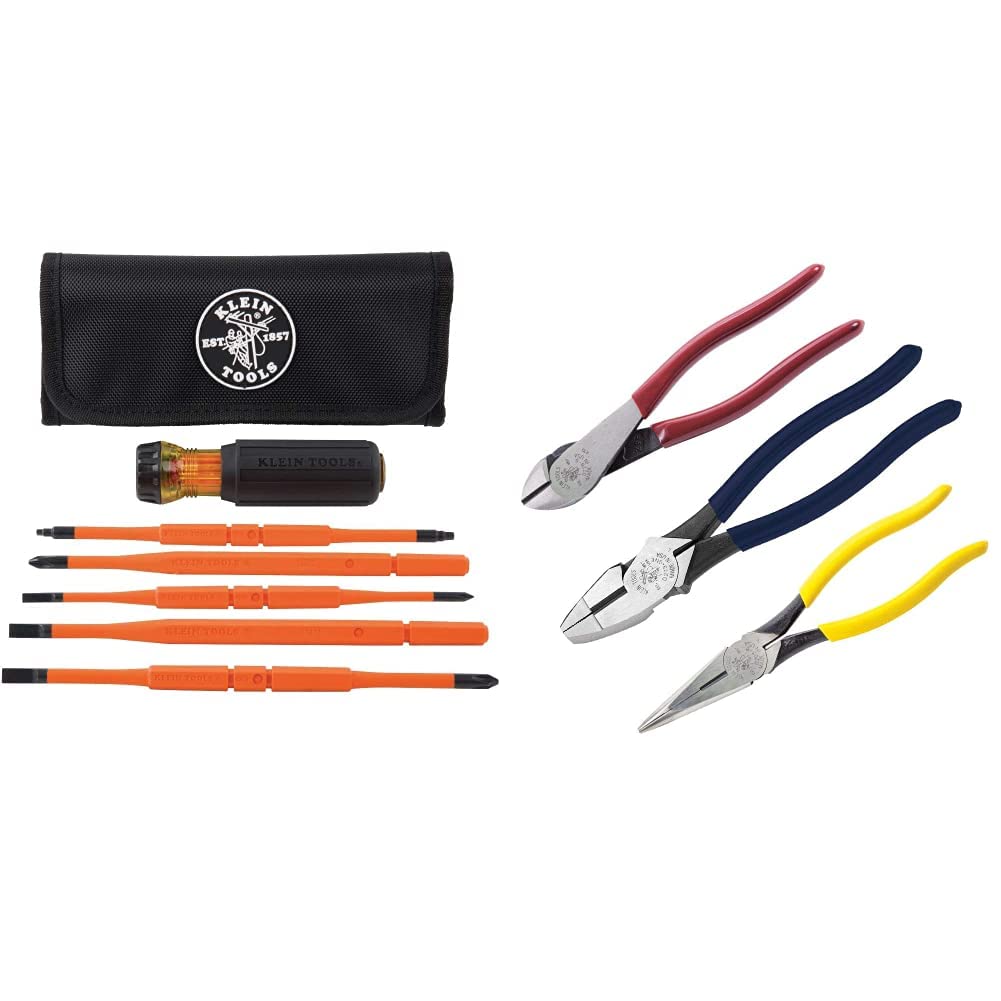 Klein Tools 32288 Insulated Screwdriver, 8-in-1 Screwdriver Set & 80020 Tool Set with Lineman's Pliers, Diagonal Cutters, and Long Nose Pliers, with Induction Hardened Knives, 3-Piece