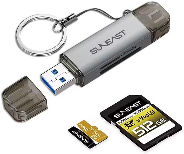SUNEAST USB3.2 Gen1 DDR200 170MB/s SD MicroSD UHS-I Dual-Slot Card Reader with Type-C and Type-A Ports, Keychain