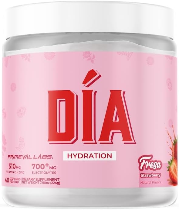 Primeval Labs Dia Hydration Electrolyte Powder | Vitamin C + Zinc, Taurine & Electrolytes | Low Sugar Daily Hydration Drink | 40 Serving Tubs | Fresa
