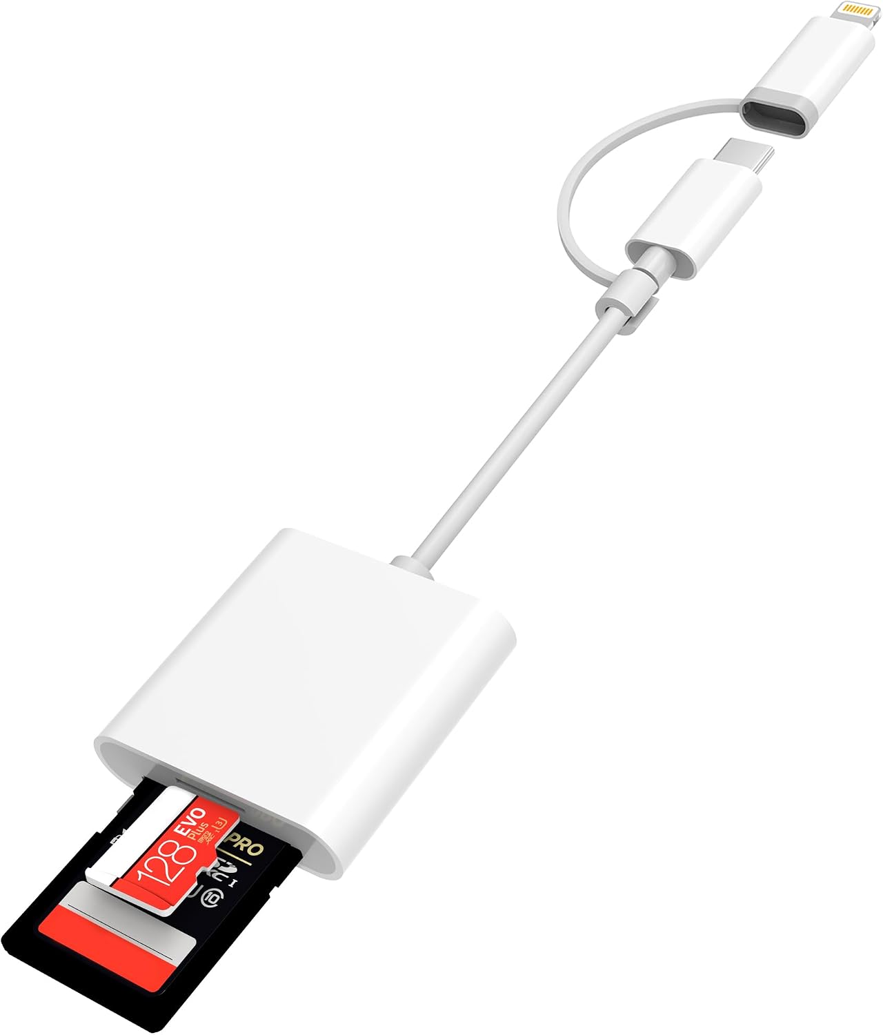DCNETWORK 2 1 SD Card Reader for iPhone iPad, Dual Connector (USB-C&Lightning) Micro SD Memory Card Reader, in SD