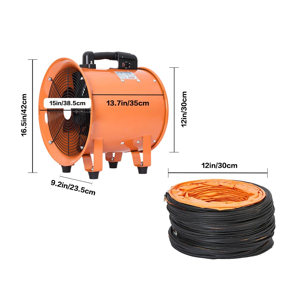 Utility Blower Fan 12 Inch, 550W High Velocity Ventilator with Duct Hose, Low Noise Portable Ventilation Fan, Fume Extractor for Exhausting & Ventilating at Home and Job Site (12IN FAN+16FT HOSE)