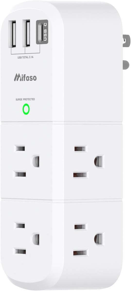 Mifaso 6 3 1800 3-Sided Outlet Extender with Rotating Plug, Surge Protector AC Multi Plug Wall Outlets and USB Ports