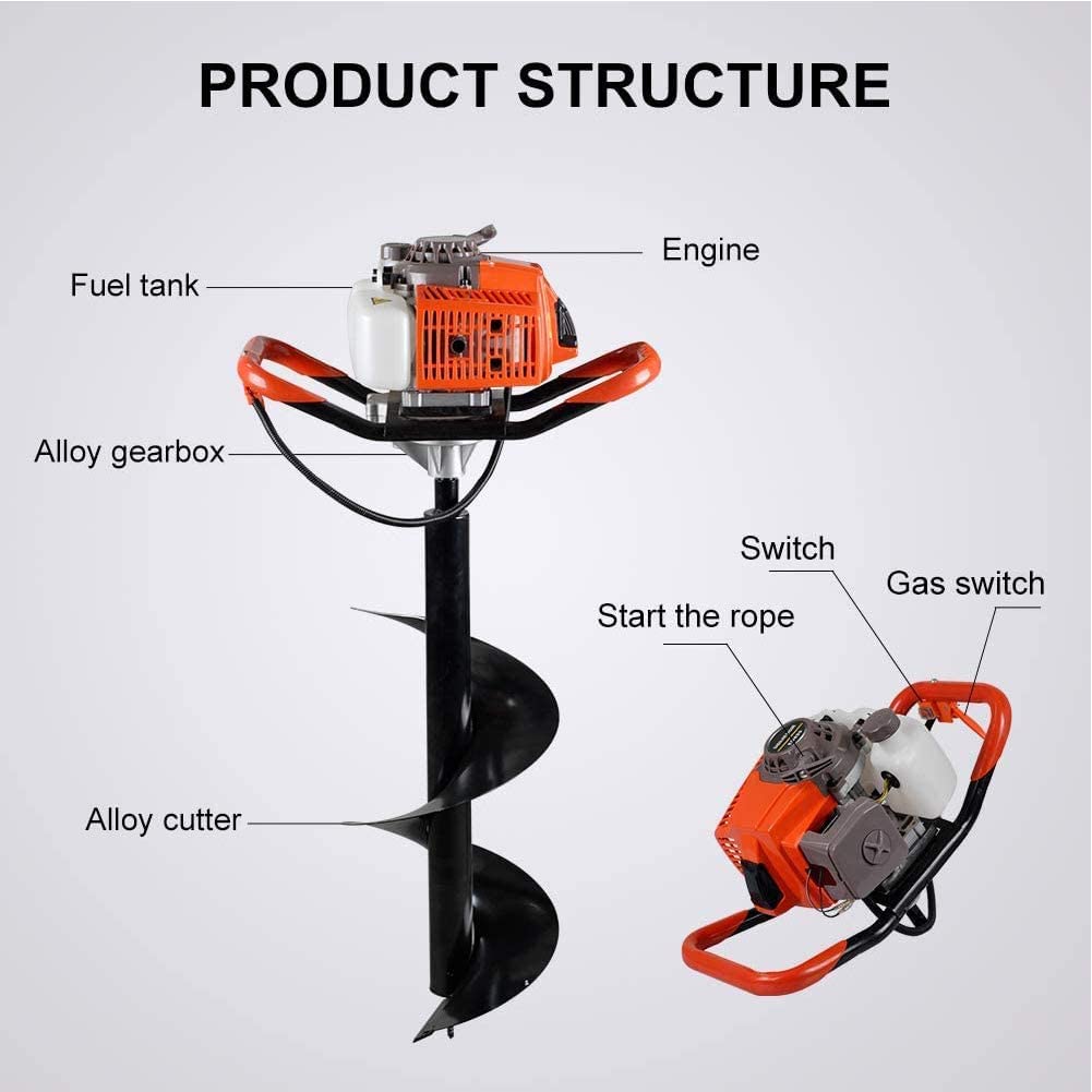 PRIJESSE 72cc Post Hole Digger 2-Stroke Petrol Gas Powered Earth Digger with 3 Auger Drill Bits (4" 8" & 12") + 2 Extension Rods for Farm Garden Plant
