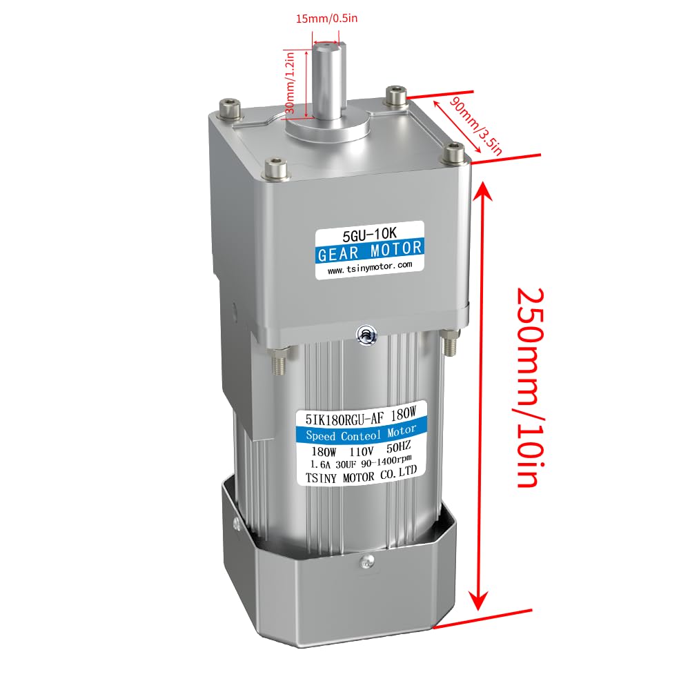 AC 110V 180W Motor + Gear Box (10K) + Speed Controller, Single Phase Electric Motor with High Torque, Variable Speed Motor, Reversible Gear Motor