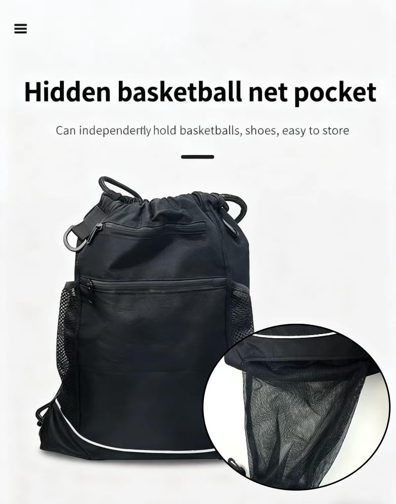 SSZYace Drawstring Basketball Backpack for Boys, Foldable Soccer Backpack with Detachable Ball Mesh Bag for Football Volleyball Baseball, Black