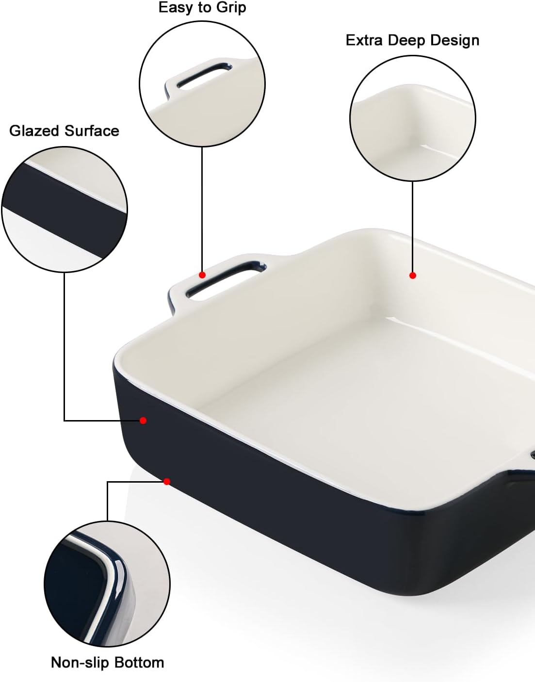 Sweejar 8x8 Baking Pan - Ceramic Casserole Dish with Double Handles | 2 QT Navy Square for Brownies & Lasagna