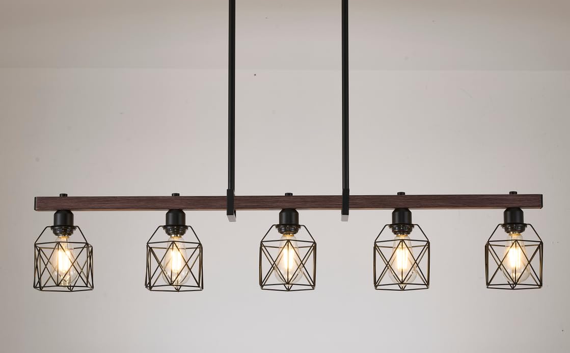 5-Light Industrial Kitchen Island Lighting with Wood Grain Bar and Black Metal Cage, Farmhouse Rustic Hanging Ceiling Lamp for Dining Room, Living Room