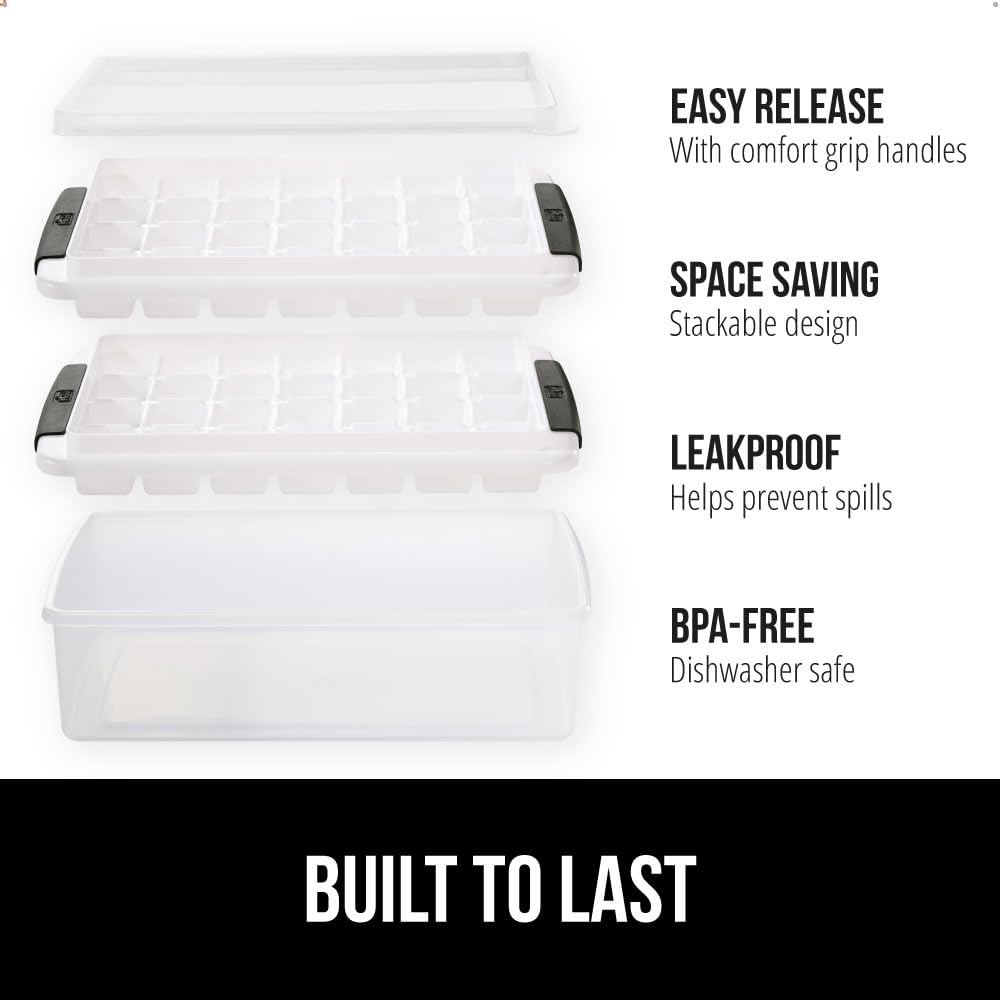 GORILLA GRIP BPA-Free Easy Release Ice Cube Tray for Freezer, Make Lots of Ice, 56 Cubes Total, Kit Includes 2 Stackable Leakproof Trays with Lid and Soft Handle Grips, Scooper, Bin, For Coffee, Black