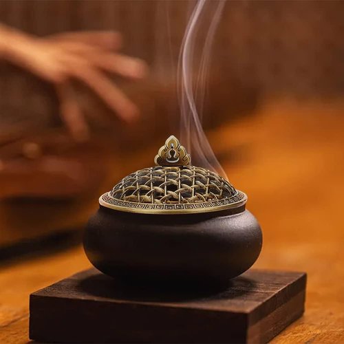 DICOSMETIC Incense Burner Cover - Classic 66mm Round Alloy Holder with Antique Bronze Finish | Lotus Design