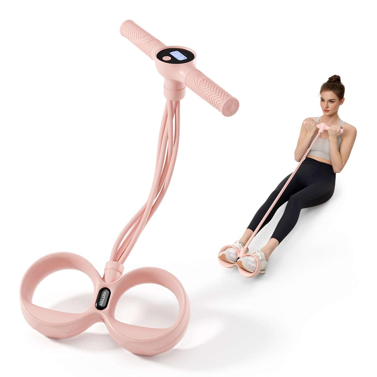 YOTTOY Smart Foot Pedal Puller with Digital Counter, Pedal Puller Resistance Band System with Handles for Full Body Stretching Yoga Home Workout, Pink
