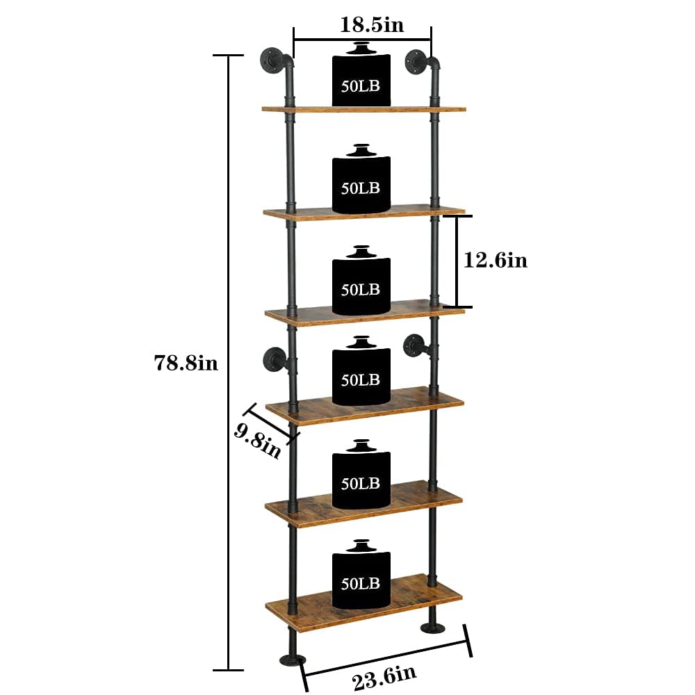 ZIOTHUM 6-Tier Industrial Pipe Shelves Shelf Shelving Rustic Wood Metal Wrought Iron Ladder Bookcase Bookshelf Wall Mounted Mount DIY Loft Vintage Floating Hanging Storage Display (23.6x9.8x78.7)