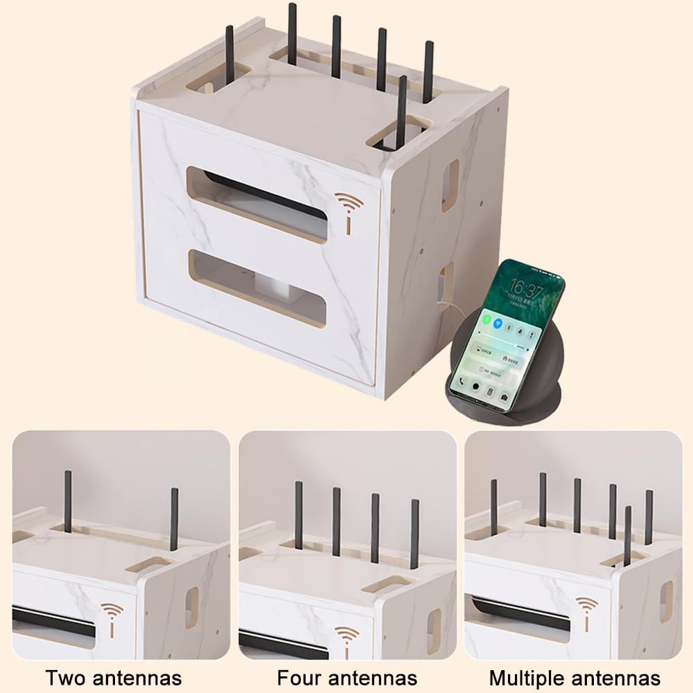 W WWEENUO Wooden Router Shelf, Desktop WiFi Router Storage Box Modem Rack Cover Power Strip and Cable Management Hider
