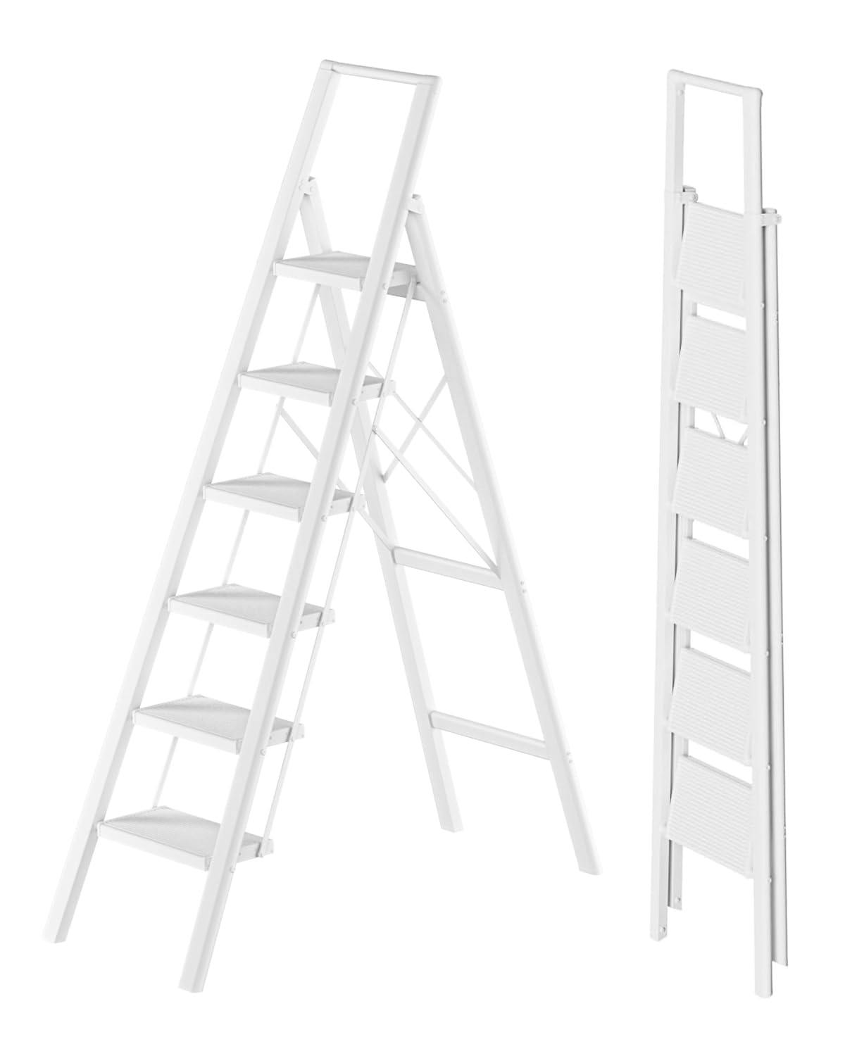 SOLADDER 6 Step Ladder with Handrails, Anti-Slip and Foldable Step Stool with Widen Pedals, Portable Stepladders for Home, Kitchen and Indoor, Space Saving -300lbs (White)