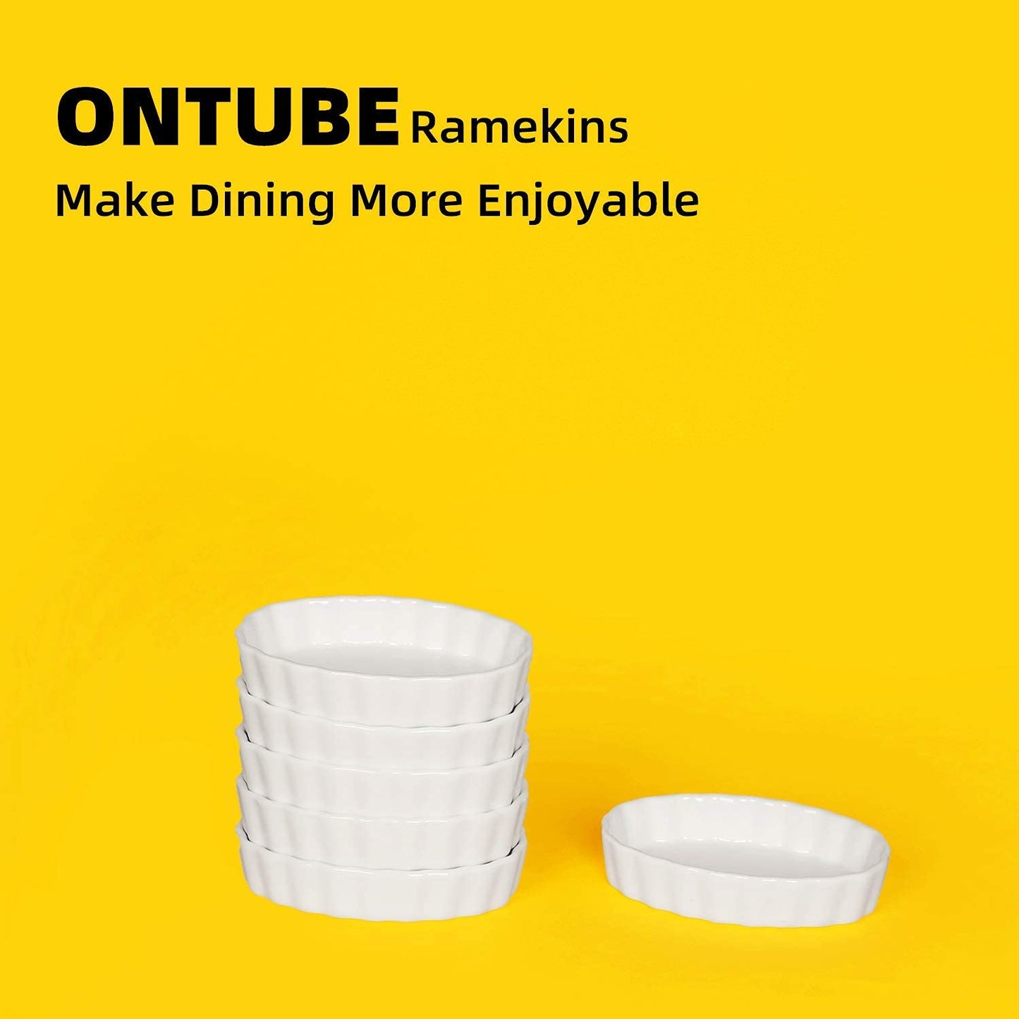 ONTUBE Small Ramekins -Porcelain Oval Shape Ramekins for Creme Brulee Dishes,Dipping Sauces,Baking Pudding Cups, Souffle Dish,Oven Safe,Set of 6, White