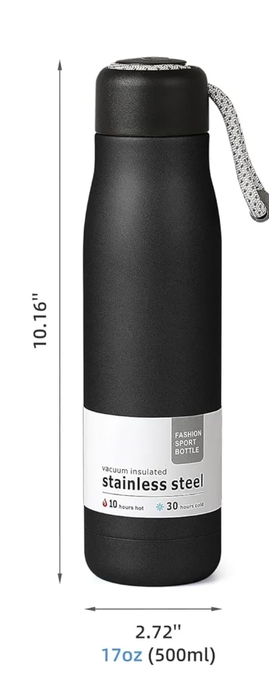 Dusgut Water Bottle with Portable Lid Metal Thermos Vacuum Insulated Stainless Steel | Reusable Leak Proof BPA-Free Flask | 17oz, Black