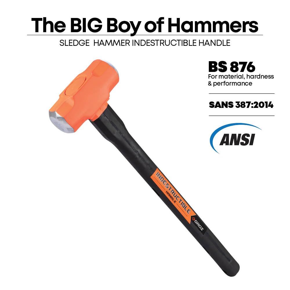 Groz Heavy Duty Sledge Hammer, 14 lb Forged Induction-Hardened Head 50-58 HRC, 36" Indestructible Handle with 6 Spring Steel Bars, BS 876 / SANS 387 / ANSI, Demolition & Stake Driving (34520)
