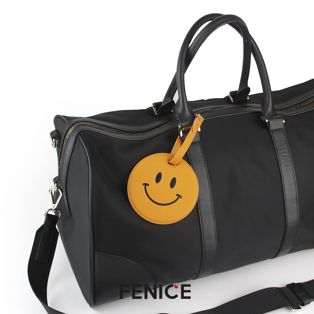 FENICE Vegan PU Leather Smiley Face Name Tag with Belt Buckle Strap Closure for Suitcase Luggage Tavel Bag (Yellow-Smile)