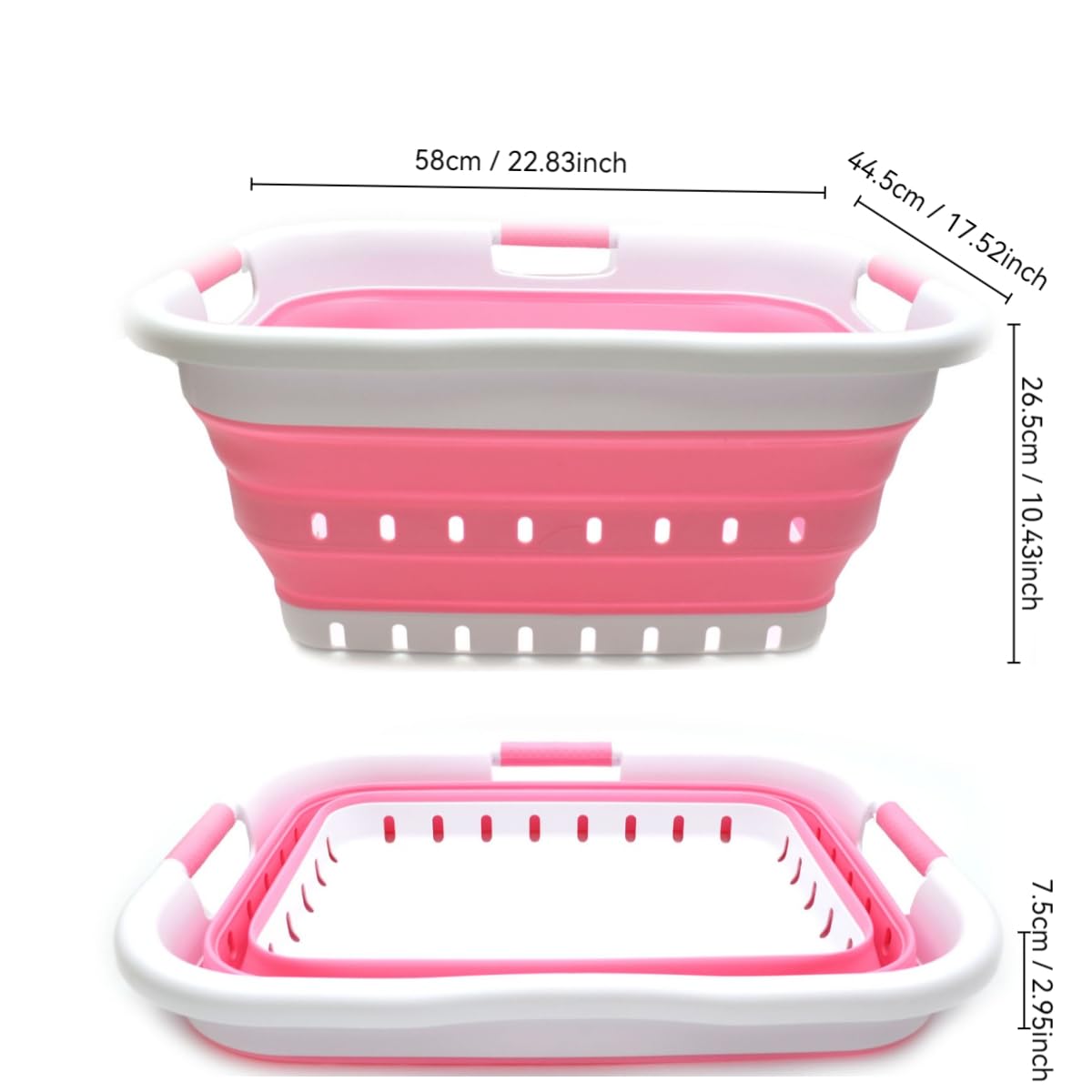 SAMMART 41L Collapsible 3 Handled Plastic Laundry Basket - Foldable Pop Up Storage Container/Organizer - Portable Basket - Space Saving Hamper/Basket (3 handled rectangular, White/Pink)