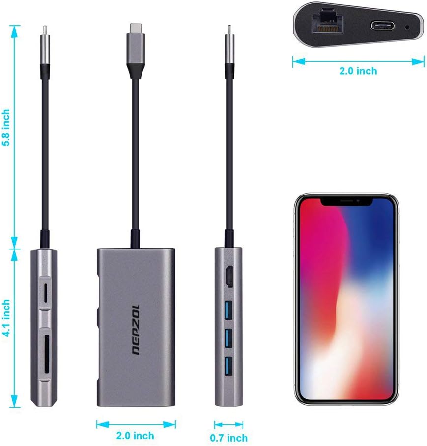 DEPZOL 8-in-1 4K, RJ45, 3 3.0 2018/2017/2016 USB C Hub, Type C Adapter Dock to HDMI Gigabit Ethernet PD Power Delivery