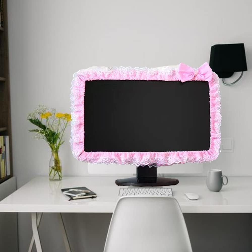 (17''-22''Pink) Computer Monitor Cover with Lovely Cute Elastic Pen Pocket Bow-knot TV LCD Screen Monitor Decoration