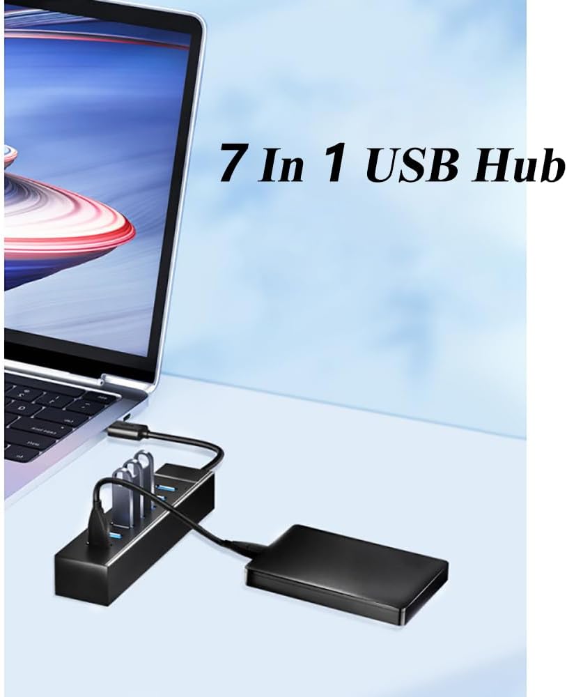 MVBOONE 2 Pack 7 Ports USB Hub, Multiple Port USB Adapter with Indictor Light, High Speed Data Transmission Docking