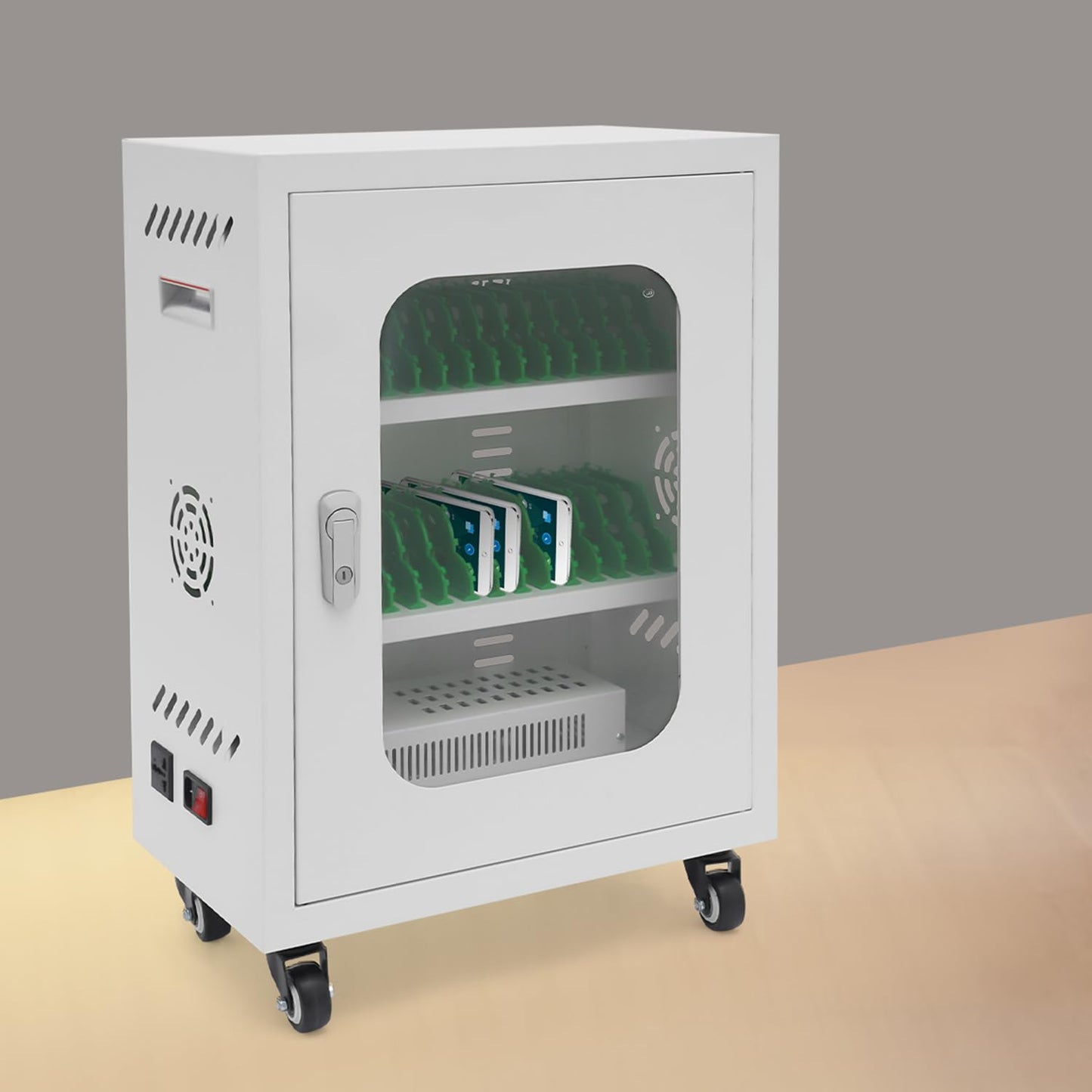 30 Device Charging Station, Mobile Charging Cart for Phones with Tempered Glass Door Rolling Phone Charging Cabinet with Cable Management Slot for Classroom Office (White)