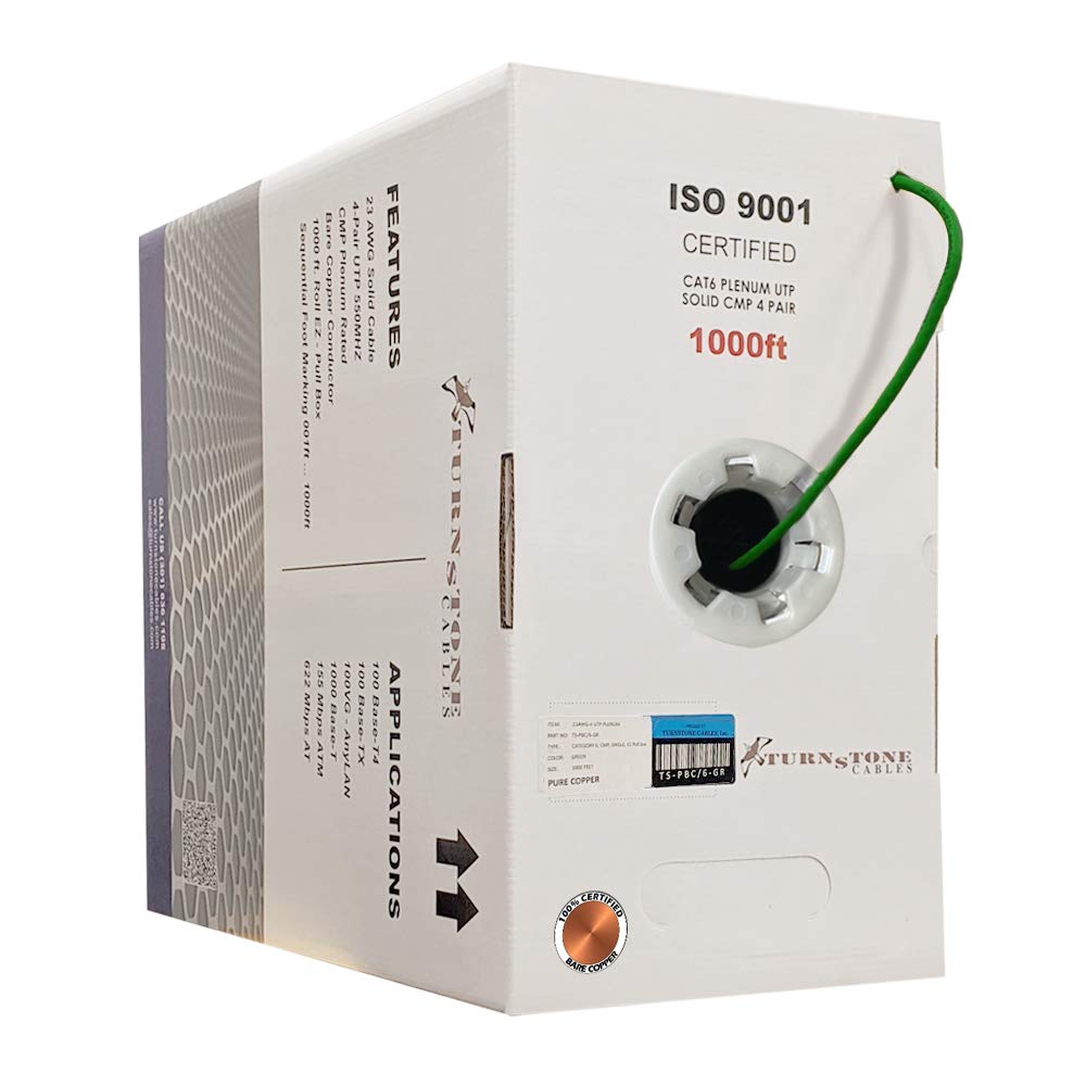 TSCables | Cat6 Plenum (CMP) 1000ft Cable, 23AWG | 100% Solid Bare Copper | 550MHz, PoE++ (4PPoE) | Unshielded Twisted Pair (UTP) Bulk Ethernet Cable, Available in 10 Colors (Green, 1000ft)