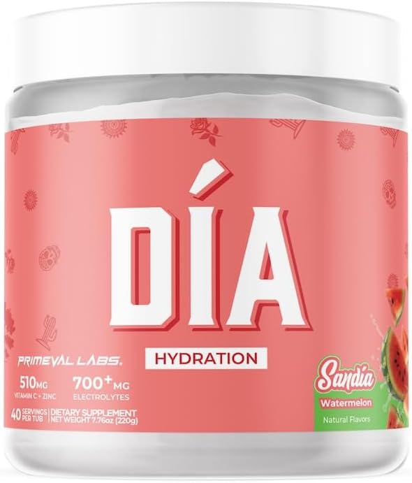 Primeval Labs Dia Hydration Electrolyte Powder | Vitamin C + Zinc, Taurine & Electrolytes | Low Sugar Daily Hydration Drink | 40 Serving Tubs | Sandia