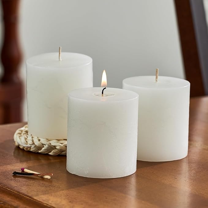 Simply Soson 3x3 inch White Pillar Candles Set of 3, Rustic Texture, Unscented White Candles, Dripless Candles, 3 inch Pillar Candles Ideal as Wedding, Parties, Spas, Dinner, Home Decoration, Church