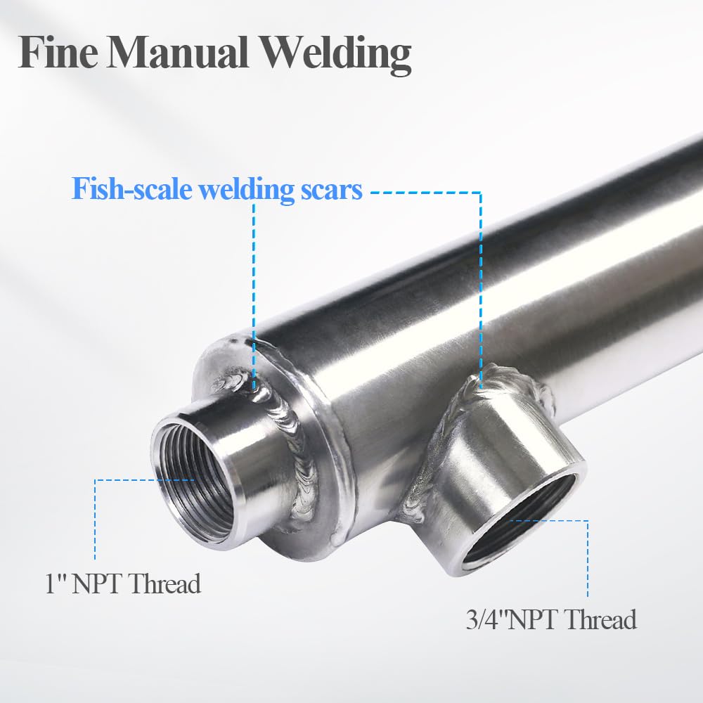 WiseWater 38'' Side Arm Heat Exchanger Single Wall Fin Heat Exchanger Fin-Enhanced Stainless Steel 304 1"FNPT Water Heater and 3/4" FNPT Cold Water 23,000 Btu/hr