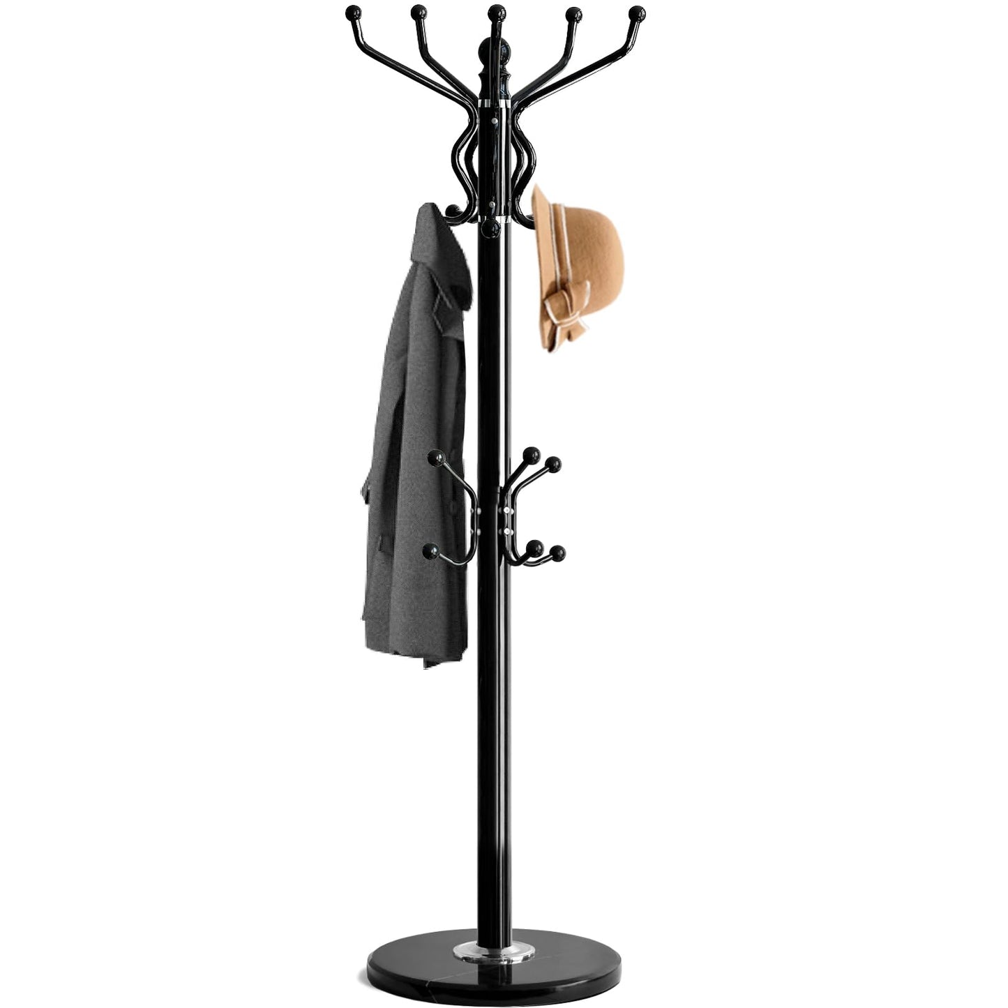 Kertnic Freestanding Coat Rack with 18 Hooks & Marble Base - Heavy Duty Metal Hall Tree Stand for Entryway, Hats, Coats, Bags Rack- Modern Hanger Organizer for Home, Office, Dorm (18 hooks -Black)