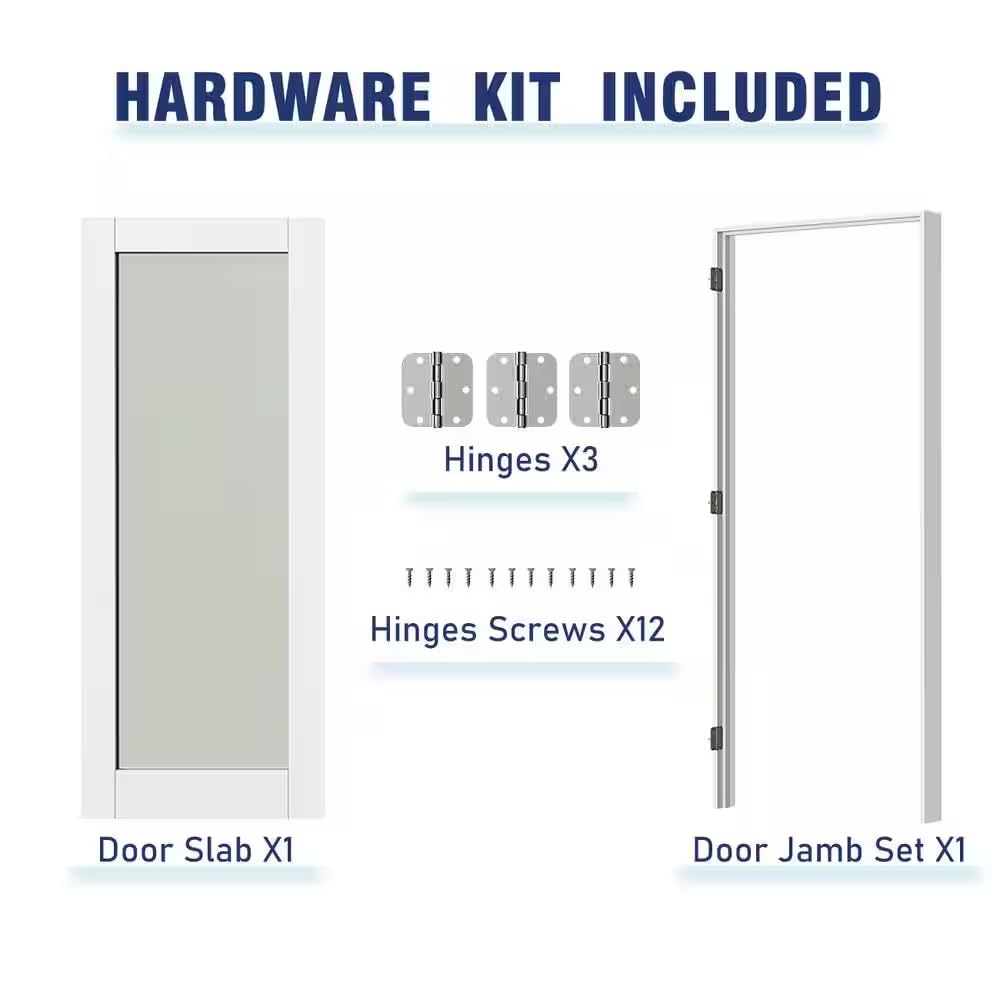Lakenyon Pantry Door, 24" x 80" with Prehung Door Jamb, Right-Handed Interior Door, 1-Lite Frosted Glass, White MDF with Hardware Kit