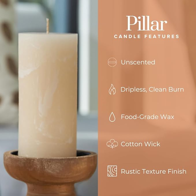 Simply Soson 3x6 inch Ivory Pillar Candles Set of 6, Rustic Texture, Unscented Ivory Candles, Dripless Candles, 3 inch Pillar Candles Ideal as Wedding, Parties, Spas, Dinner, Home Decoration, Church