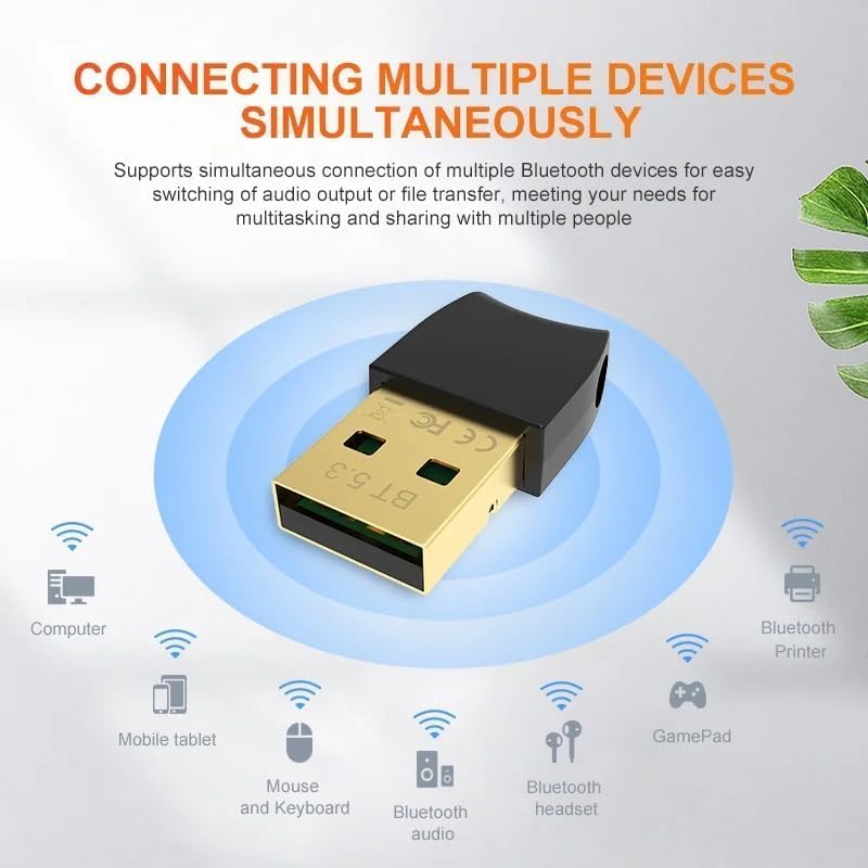 FANTIA 5.3 USB Bluetooth Dongle Adapter for PC Speaker, Wireless Mouse Keyboard Music Audio Receiver Transmitter