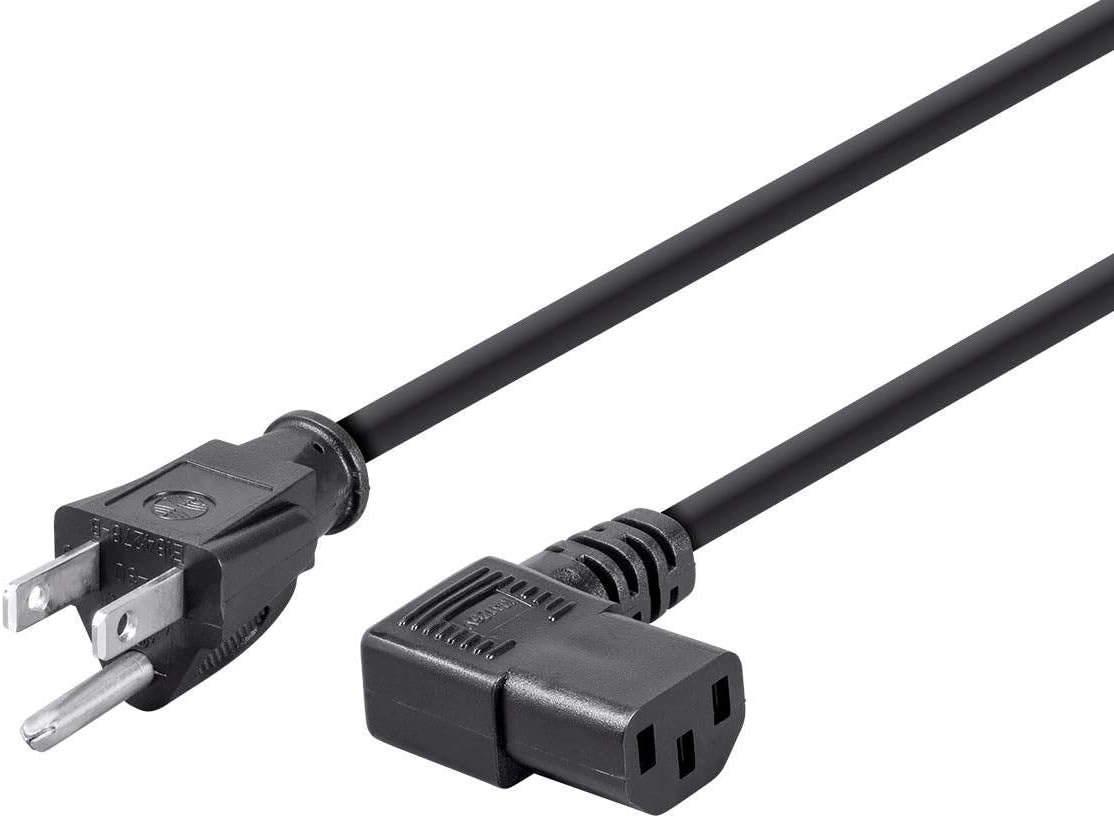 Monoprice 6ft 16AWG 3 (C13/5-15P) Right Angle Power Cord Cable w/ Conductor PC Power Connector Socket - Black